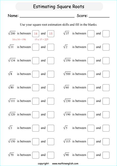 estimate square root worksheet pdf